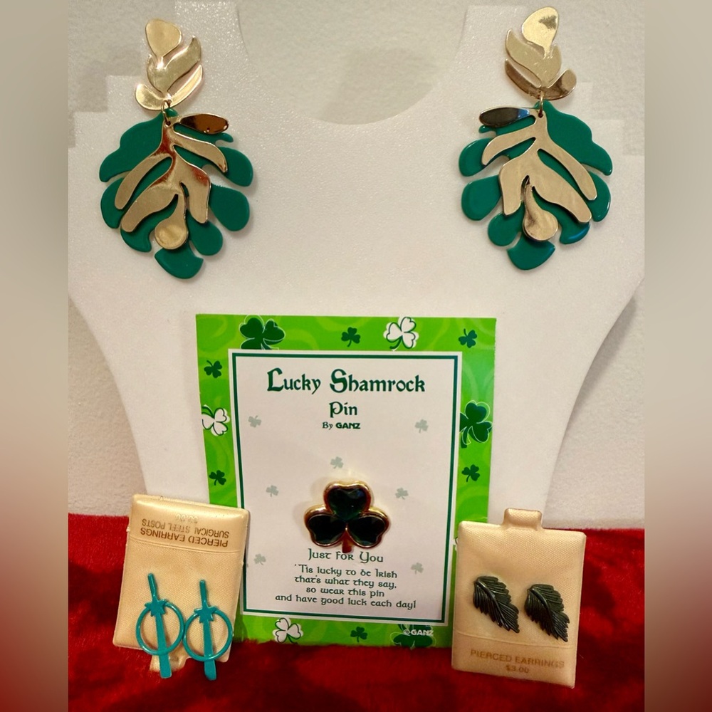 Green and Gold Leaf Earrings set of 4